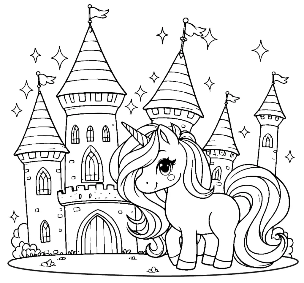 Unicorn in front of a fairy-tale castle coloring page