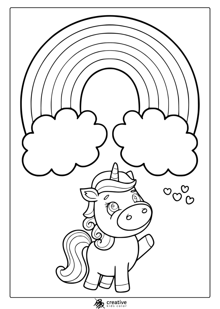 Unicorn under rainbow with clouds and hearts coloring page