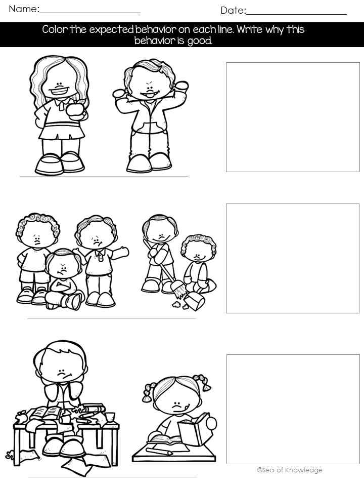 Black-and-white worksheet with children showing good and bad behavior scenes