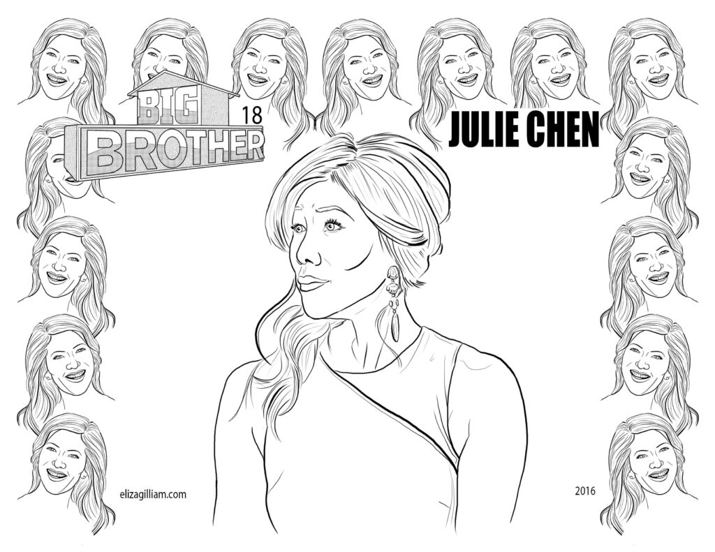 Black-and-white portrait collage with Julie Chen and Big Brother logo