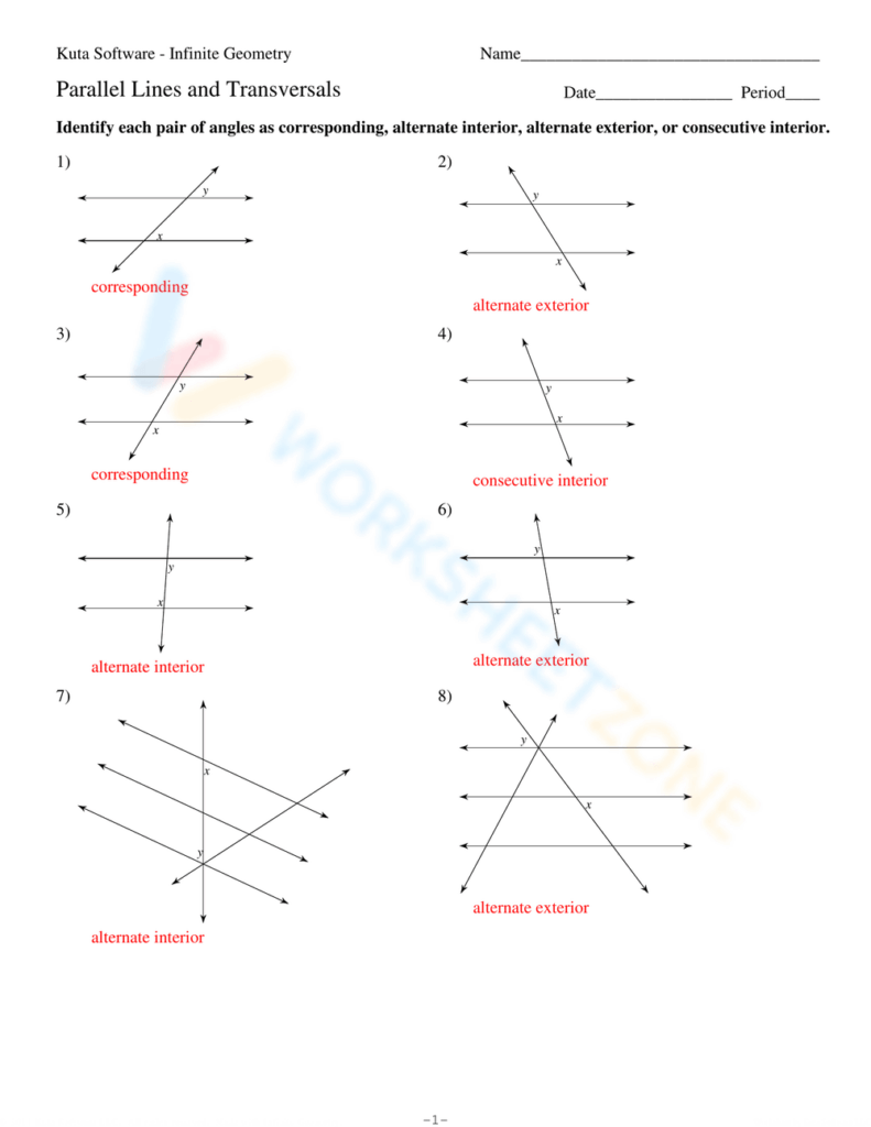 Geometry worksheet with parallel lines and transversals diagrams