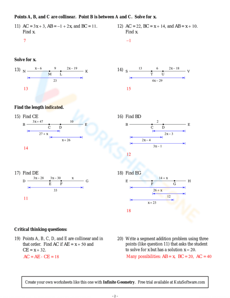 Geometry worksheet with collinear points and line segments