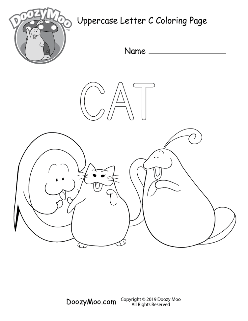 Uppercase letter C coloring page with cat drawing