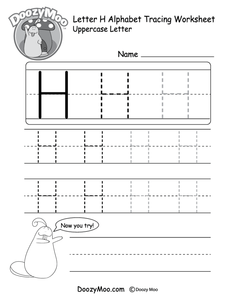 Letter H alphabet tracing worksheet with dotted lines