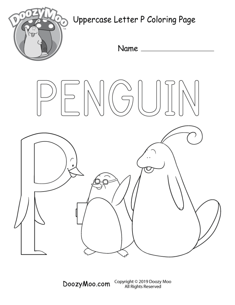 Penguin-themed uppercase letter P coloring page