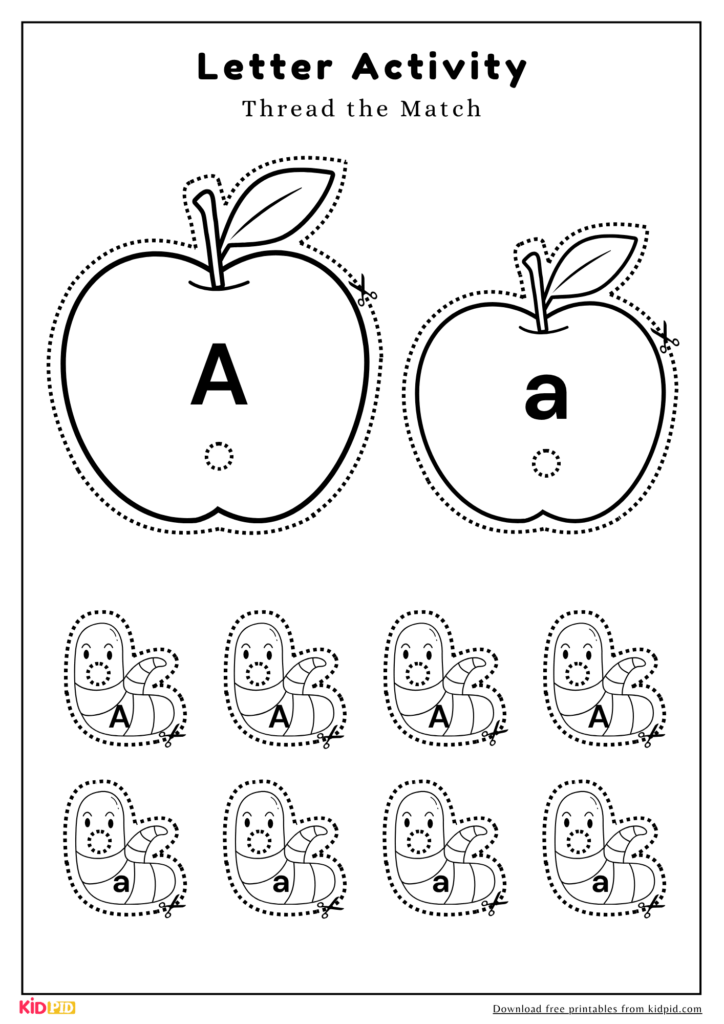 Apple letter matching worksheet with dotted tracing shapes