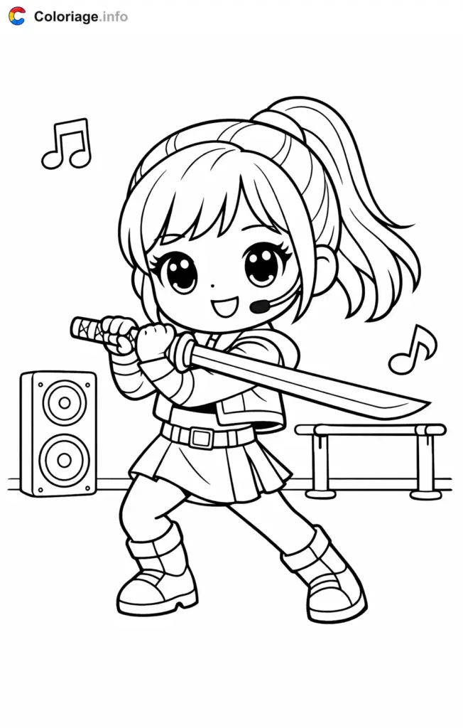 Anime girl holding sword with music notes and speaker