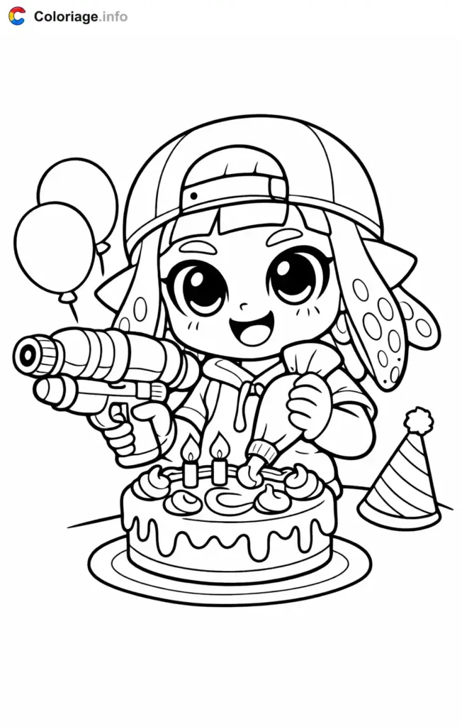 Cartoon girl with cake, balloons, and party hat