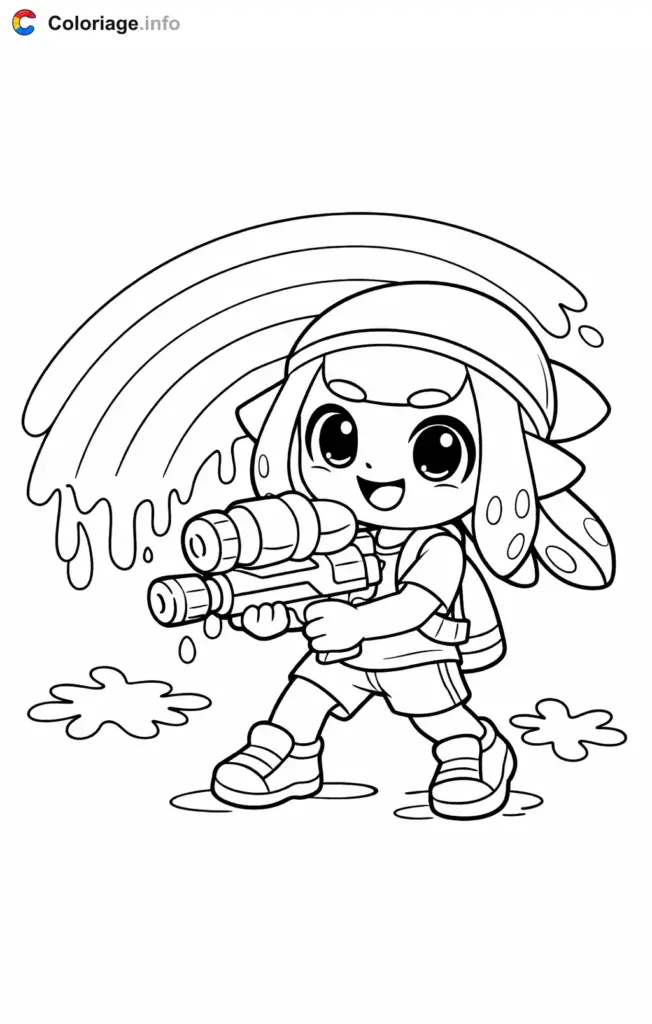 Cute cartoon child holding water gun under rainbow