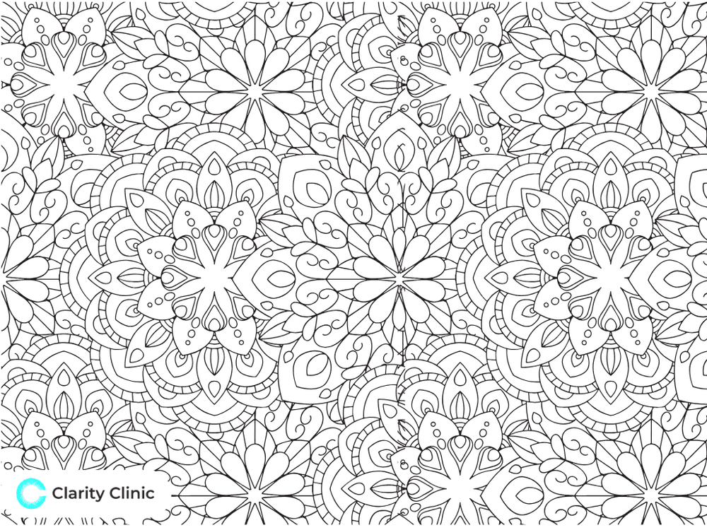 Intricate black-and-white floral mandala pattern with Clarity Clinic logo
