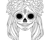 Sugar skull face with floral crown and long hair