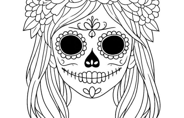 Sugar skull face with floral crown and long hair