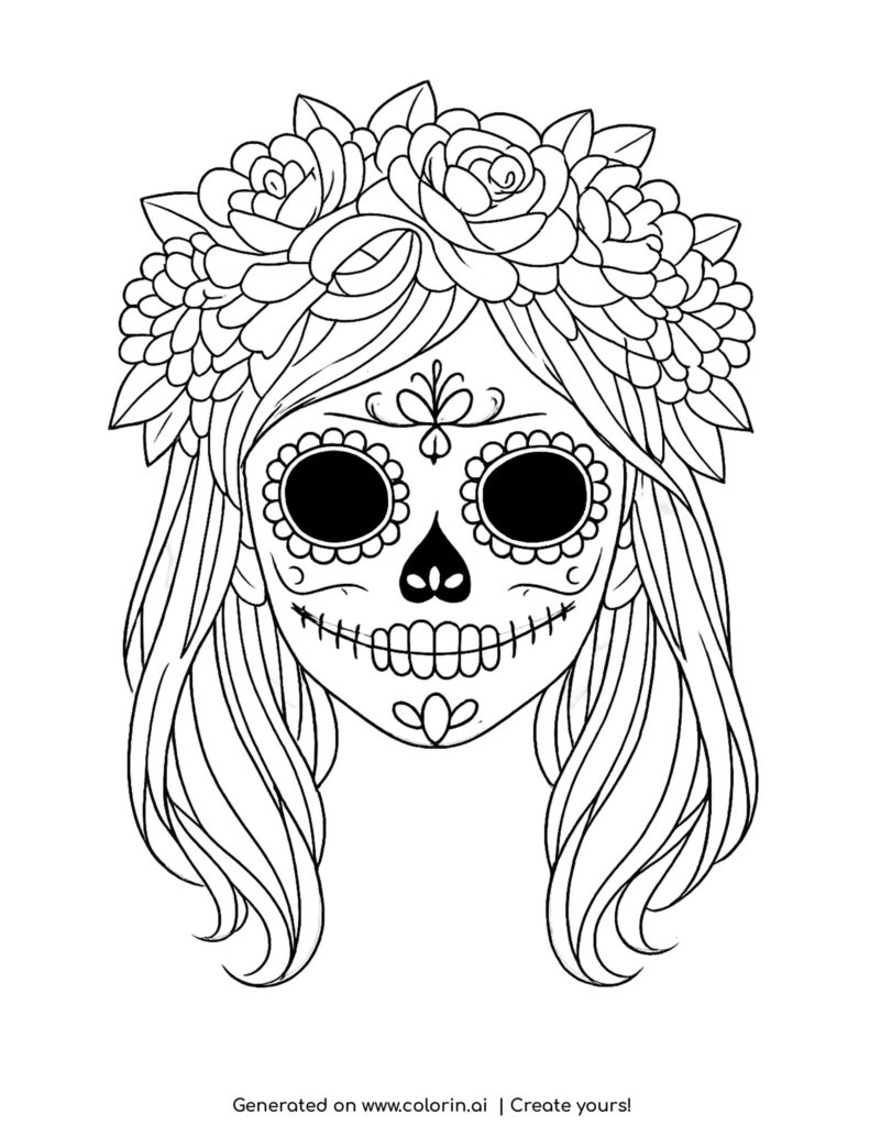 Sugar skull face with floral crown and long hair