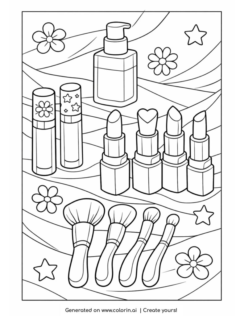 Coloring page of makeup items, flowers, stars, and brushes