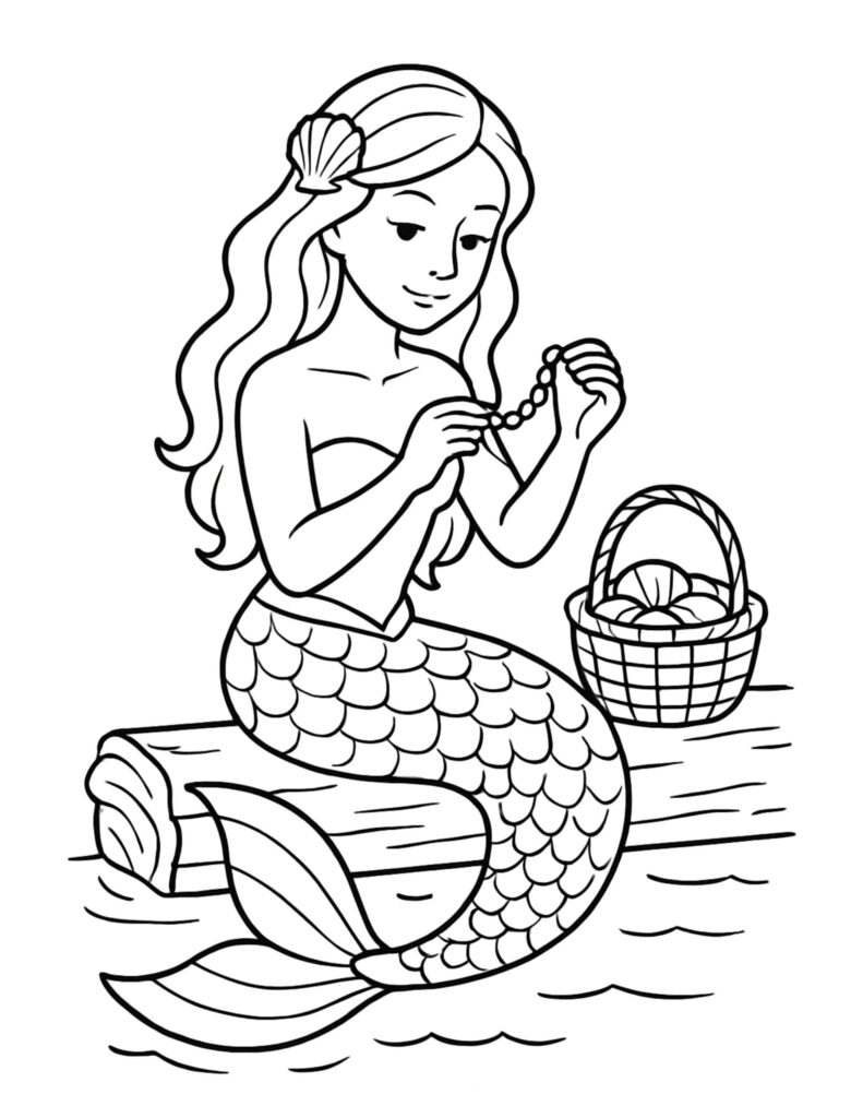 Black-and-white mermaid holding beads beside a basket
