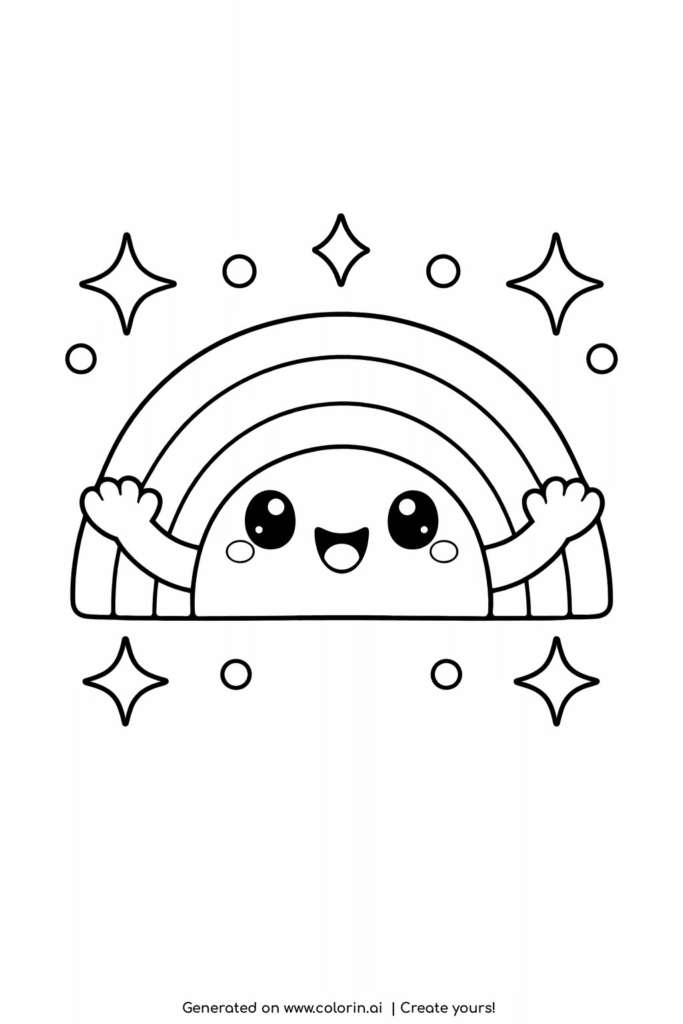 Cute rainbow character with stars and circles