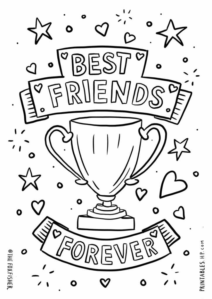 Best friends forever trophy coloring page with hearts and stars