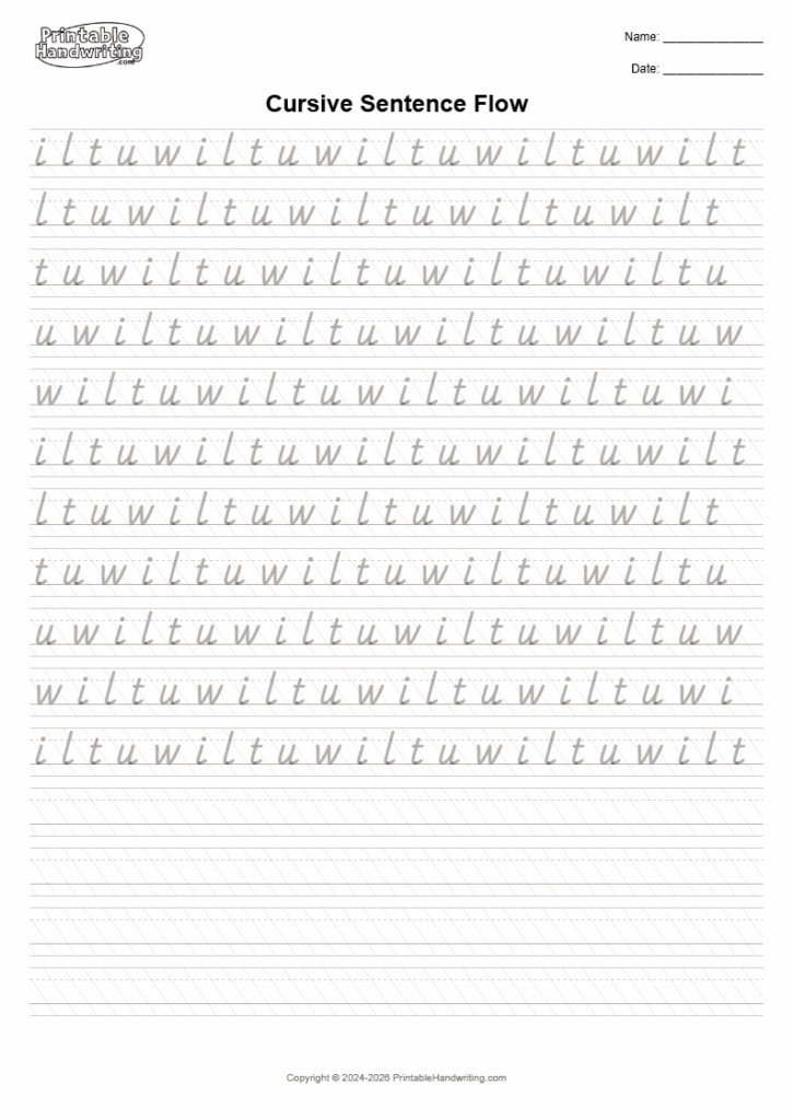 Cursive sentence flow handwriting practice worksheet page