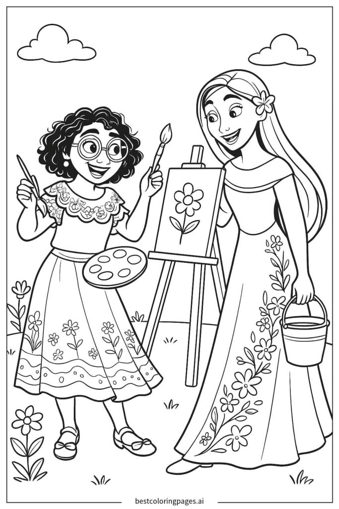 Two smiling girls painting beside an easel outdoors