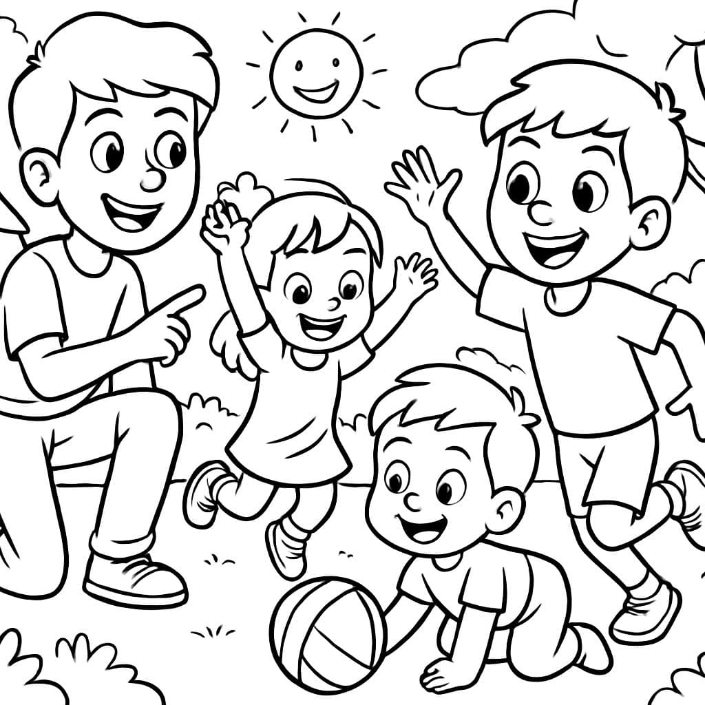Cartoon children playing outdoors with a ball, smiling
