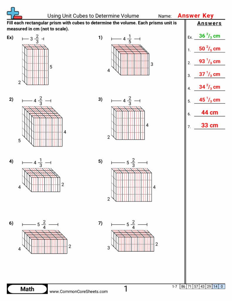 Volume worksheet answer key with prism diagrams and answers
