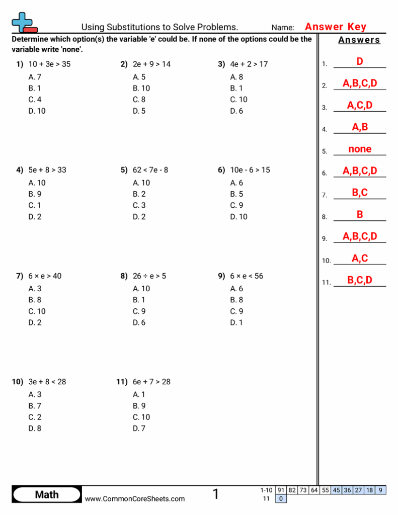 Math worksheet answer key with numbered inequalities and choices
