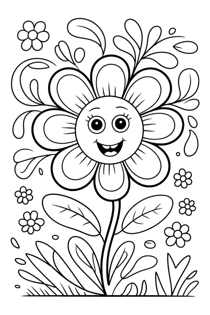 Cute smiling flower coloring page with leaves and small flowers