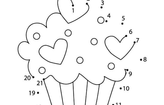 Heart-shaped connect-the-dots worksheet with cupcake outline
