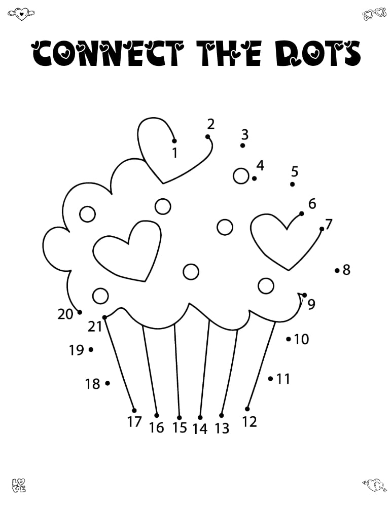 Heart-shaped connect-the-dots worksheet with cupcake outline