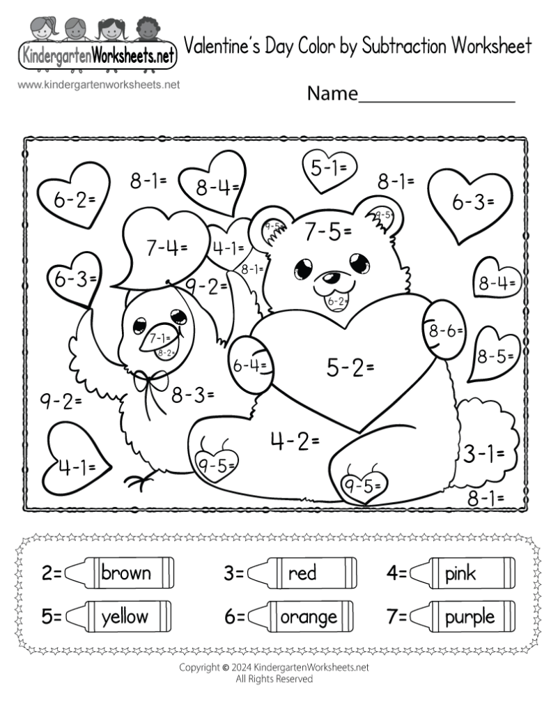 Valentine’s Day color-by-subtraction bear worksheet with hearts