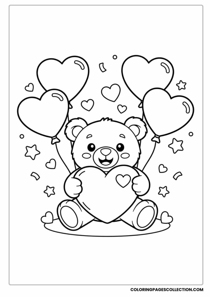 Cartoon bear holding heart balloons and heart