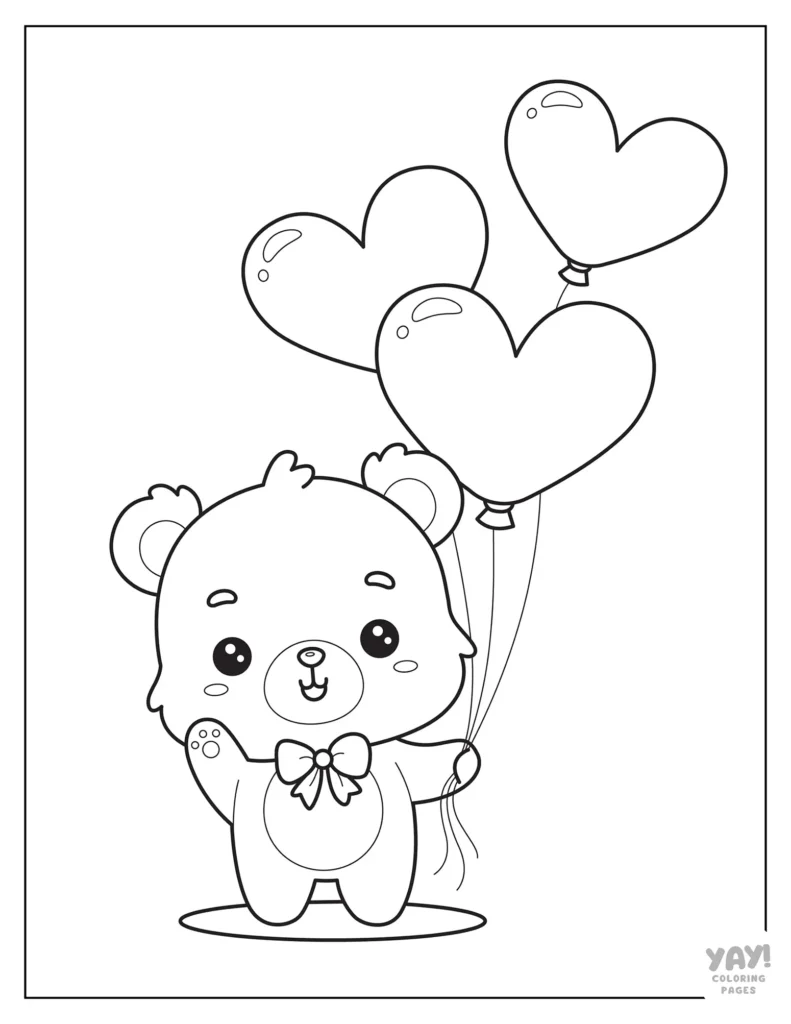 Cute bear holding heart-shaped balloons coloring page