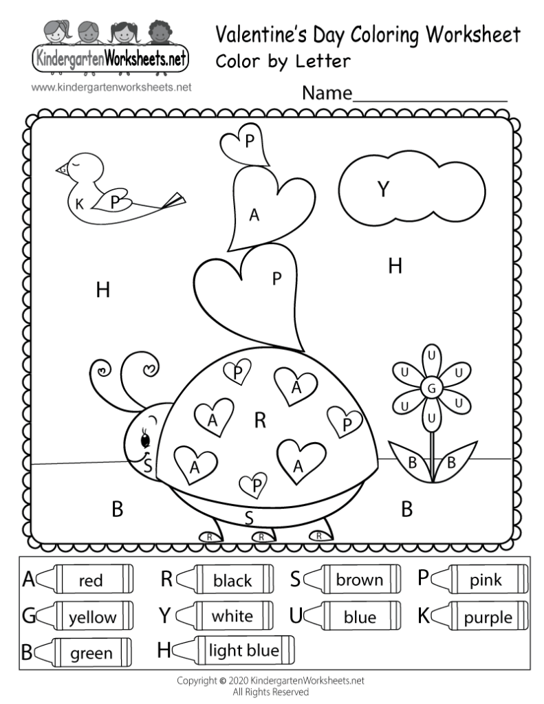 Valentine's Day color-by-letter worksheet with bird, hearts, butterfly, flower