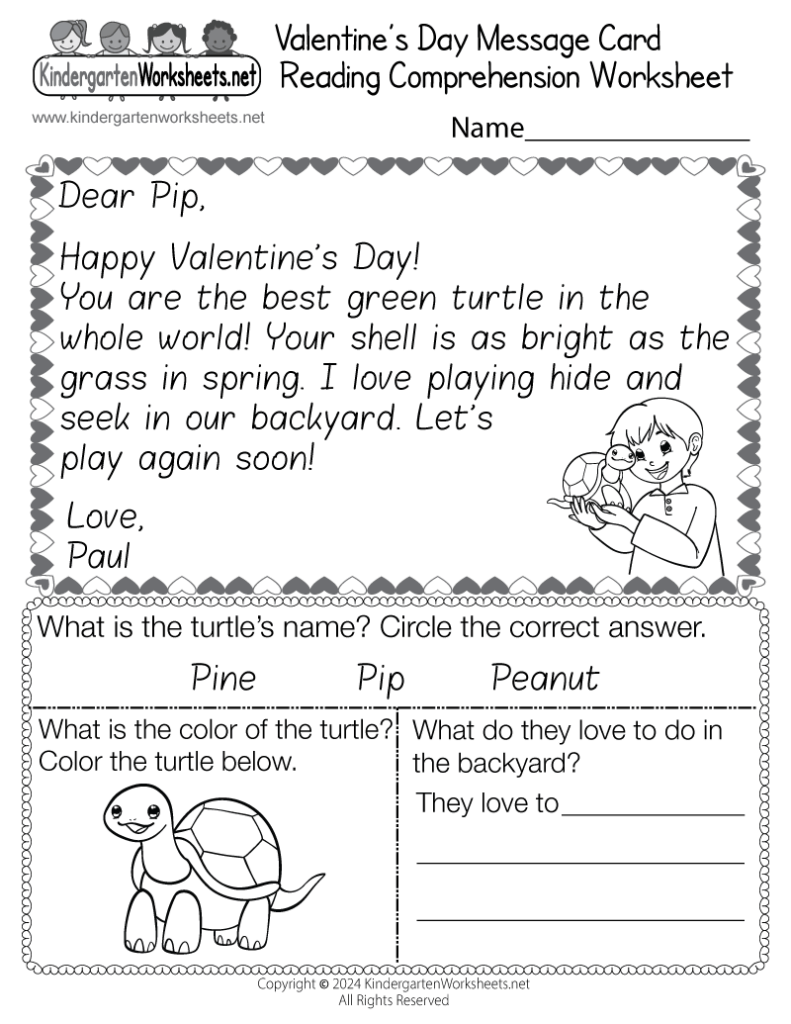 Valentine’s Day reading comprehension worksheet with turtle illustration