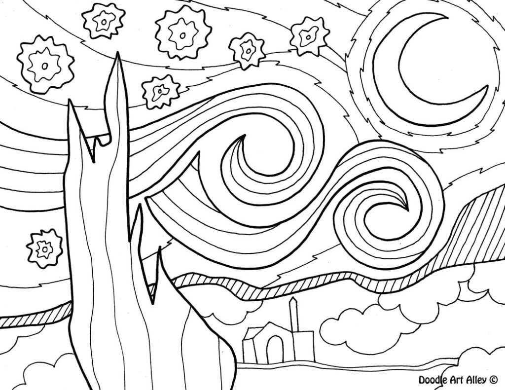 Tree silhouette beneath swirling moon and stars coloring page