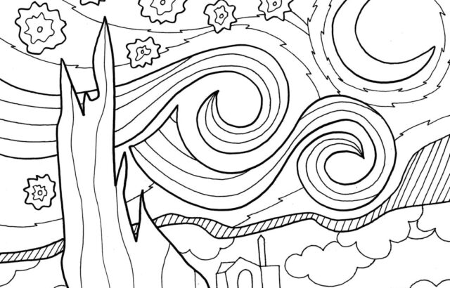 Tree silhouette beneath swirling moon and stars coloring page