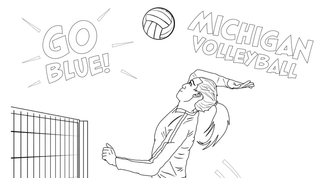 Coloring page of volleyball player serving near net, “Go Blue” text
