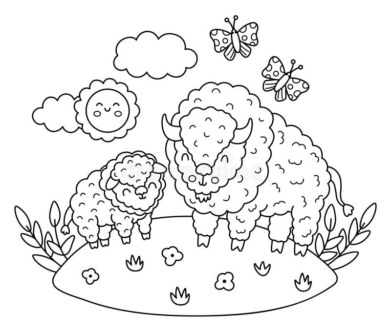 Two fluffy sheep with butterflies and clouds coloring page