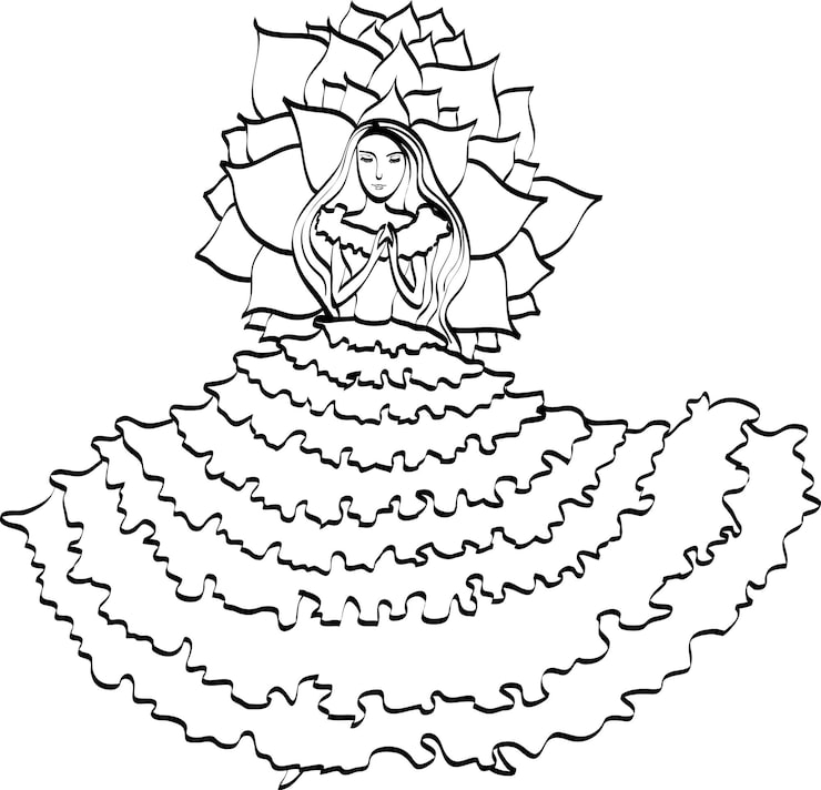 Line drawing of woman in layered ruffled dress