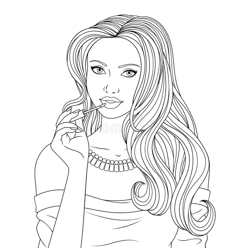 Line drawing of woman applying lipstick, long hair, off-shoulder top