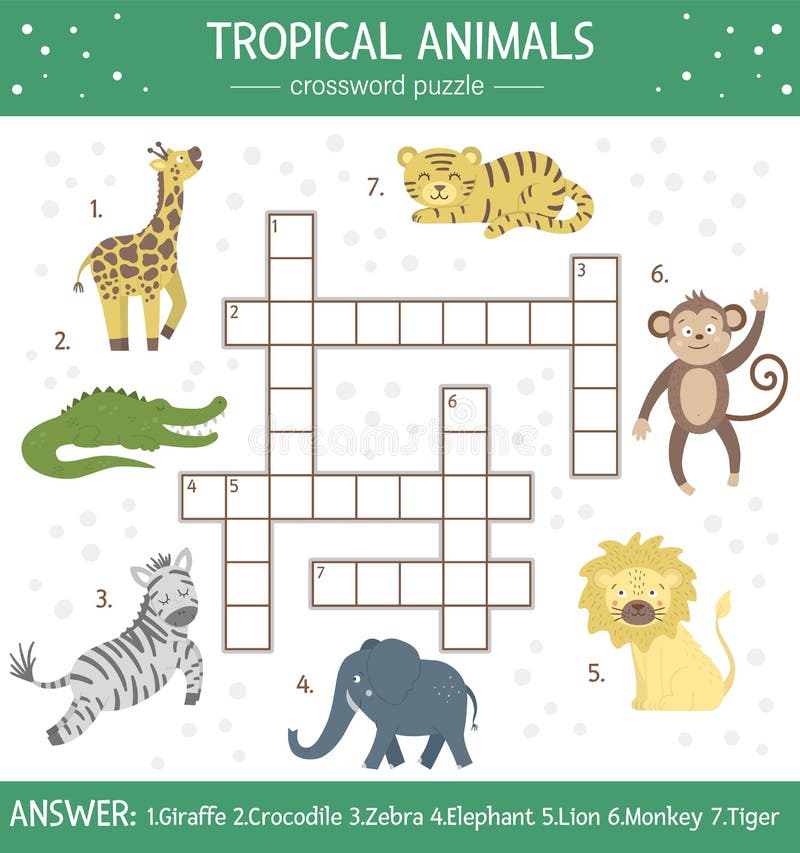 Tropical animals crossword puzzle with cartoon animals and grid
