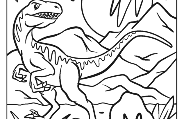 Black-and-white dinosaur coloring page in a rocky landscape