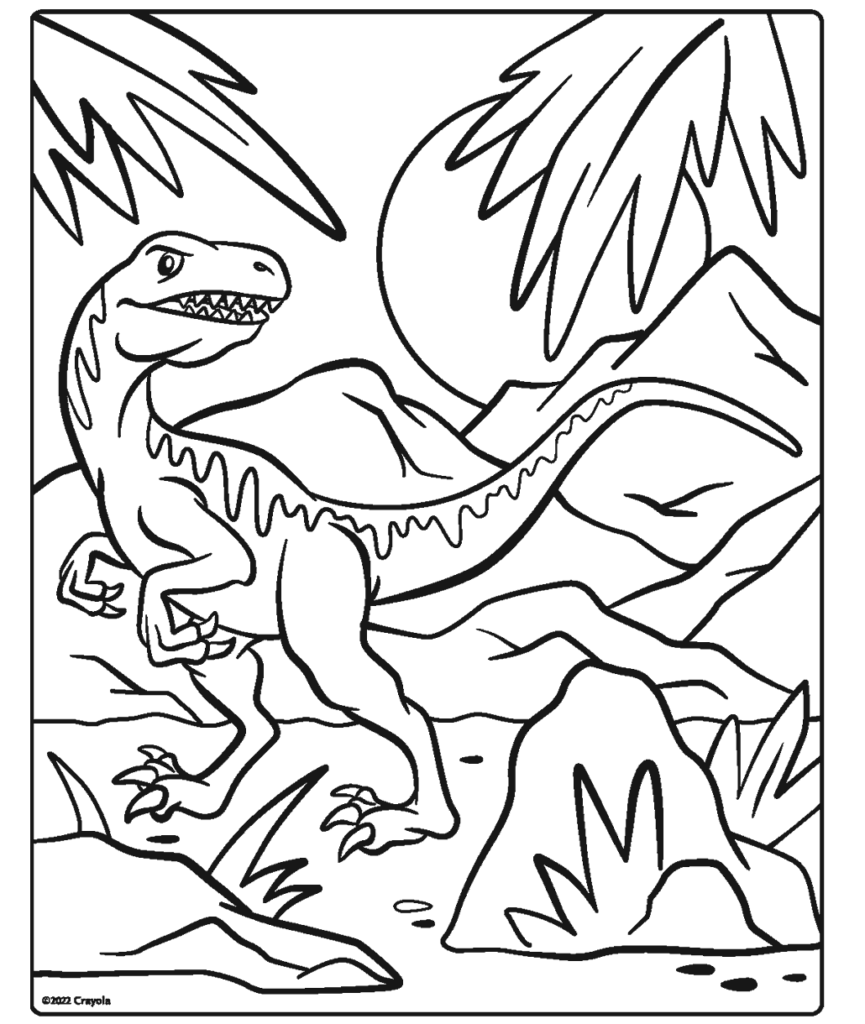 Black-and-white dinosaur coloring page in a rocky landscape