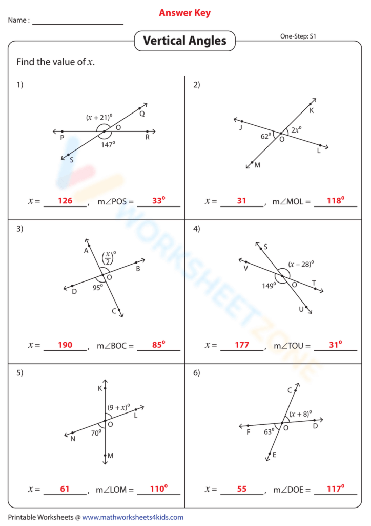 Vertical angles math worksheet answer key
