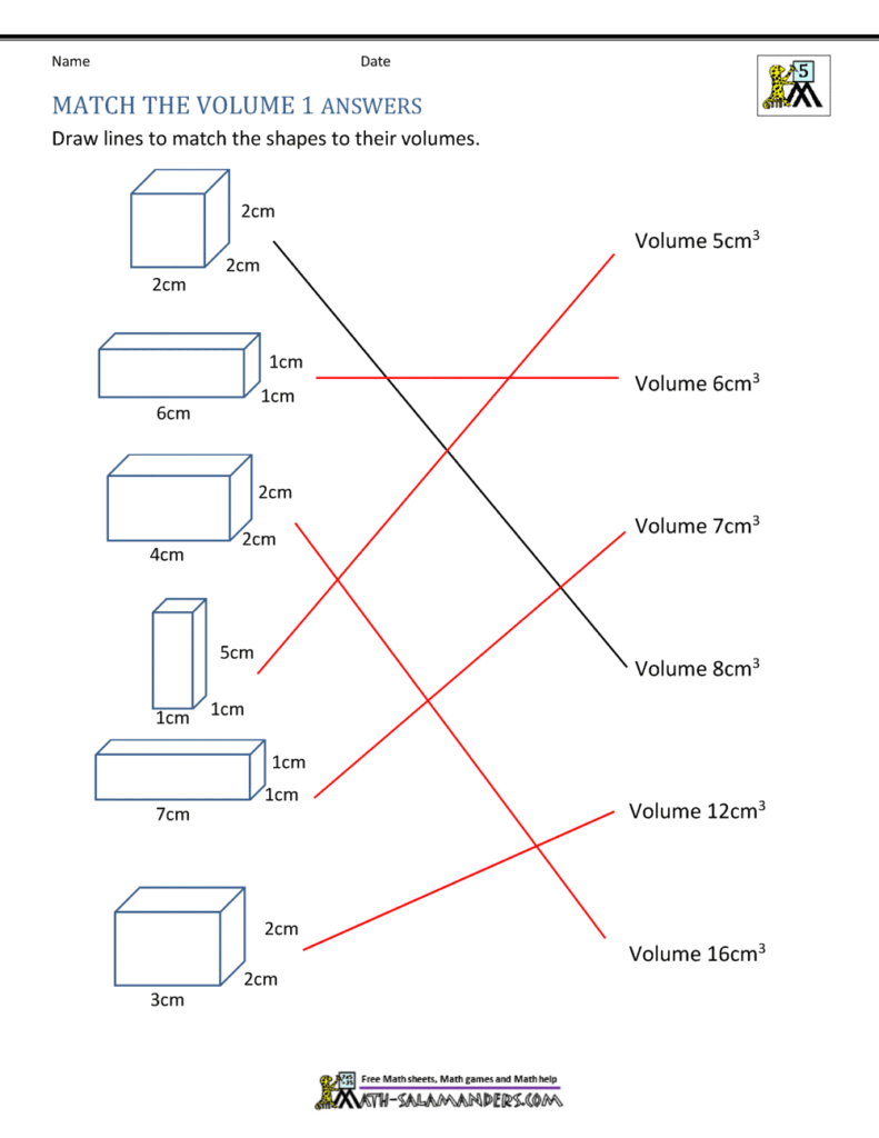 Math worksheet matching rectangular prism volumes with colored lines