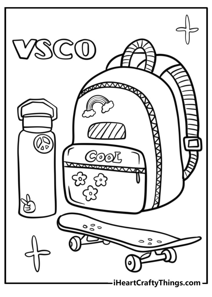 Line drawing of backpack, bottle, and skateboard