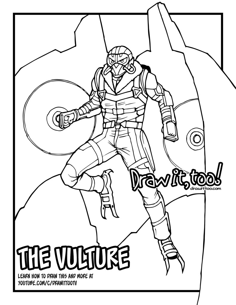 Black-and-white drawing of armored Vulture holding a disc
