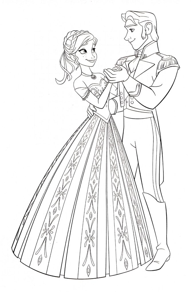 Black-and-white princess and prince dancing together, line art