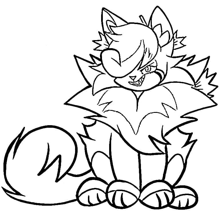 Line drawing of a snarling cartoon cat with fluffy tail