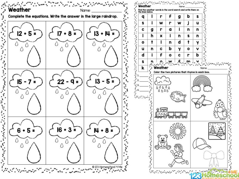 Three weather-themed worksheets with drawings and math problems